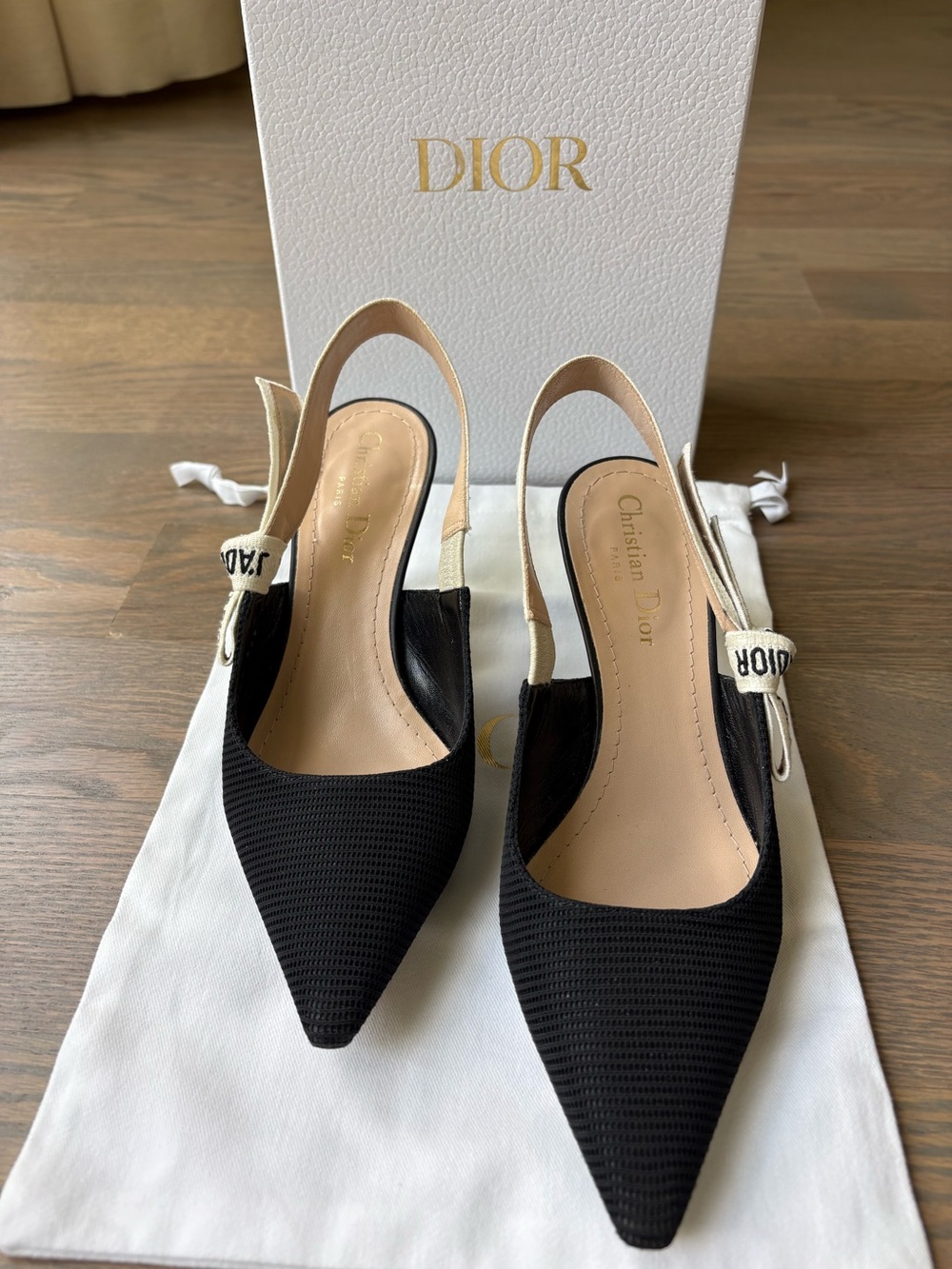 Dior Black Ribbed Slingback Kitten Heels with J'Adior Strap